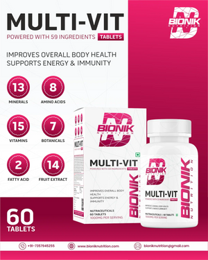 Bionik Nutrition Multi-Vit | Multivitamin for Men & Women | 59 Essential Nutrients | 60 Tablets | Immunity, Energy, and Daily Wellness Support - BIONIK NUTRITION