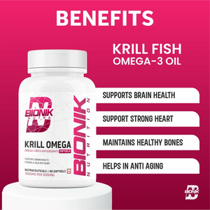 Bionik Nutrition Krill Omega | Antarctic Krill Oil with Astaxanthin | EPA & DHA for Heart, Brain & Joint Support | 60 Softgels - BIONIK NUTRITION
