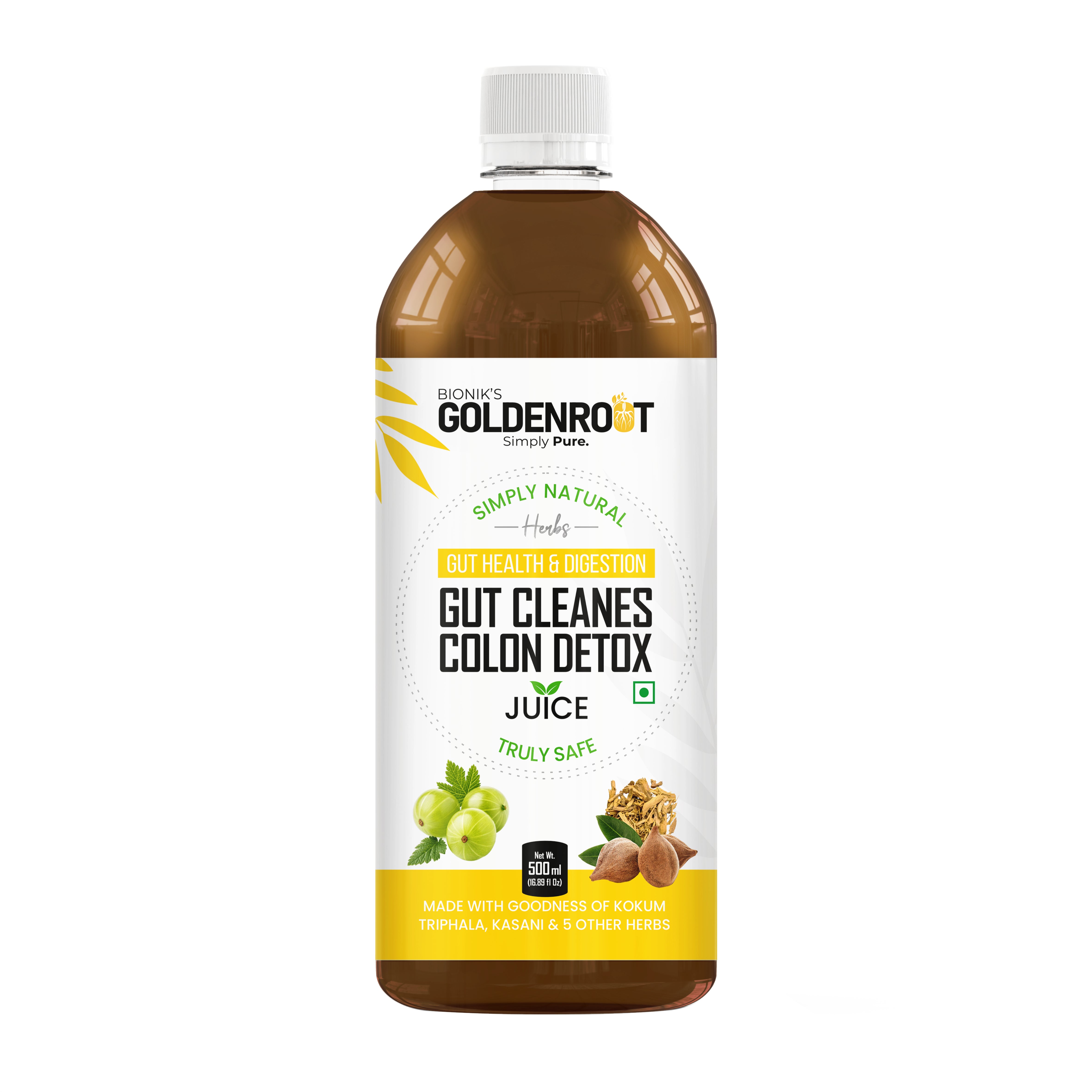 Bionik GoldenRoot Gut Cleanse & Colon Detox Juice | Ayurvedic Digestive Cleanser with Triphala, Kokum, Lemongrass, Kasani & 5 Herbal Extracts | Supports Digestion, Bloating Relief & Gut Health