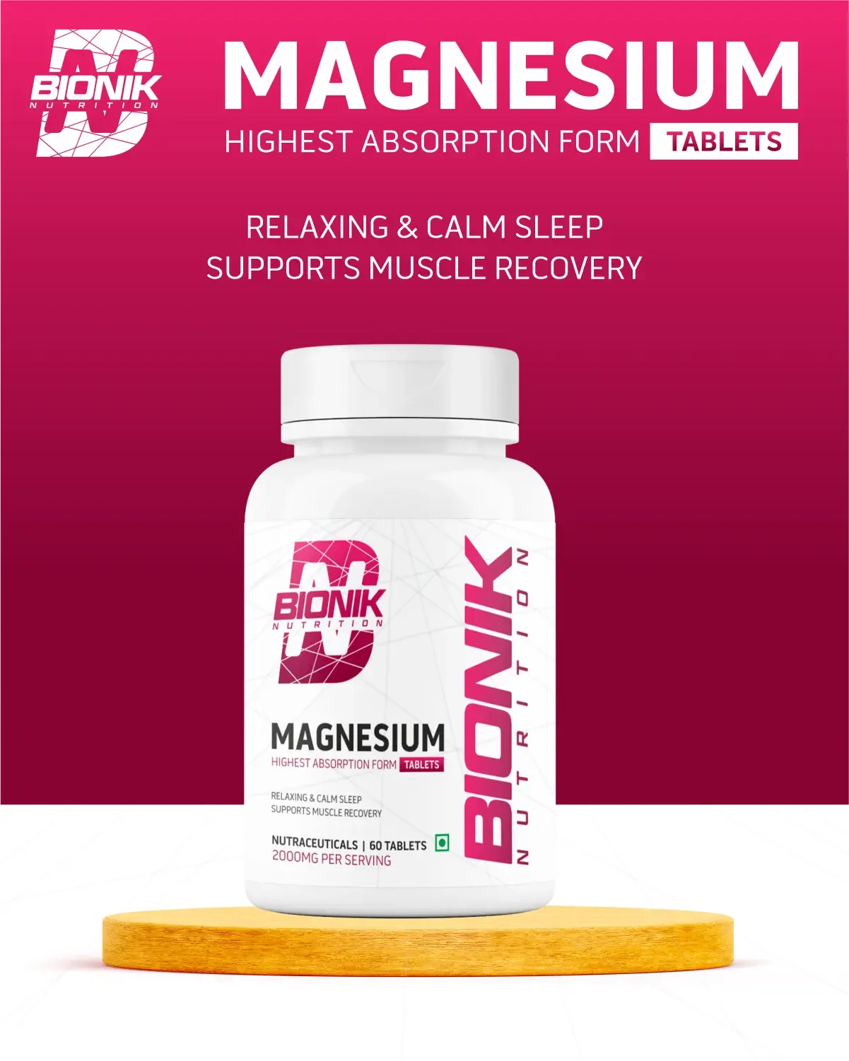 Bionik Nutrition Magnesium Tablets | 2000mg High Absorption Magnesium Glycinate | 60 Tablets | Sleep, Muscle Recovery & Stress Support - BIONIK NUTRITION