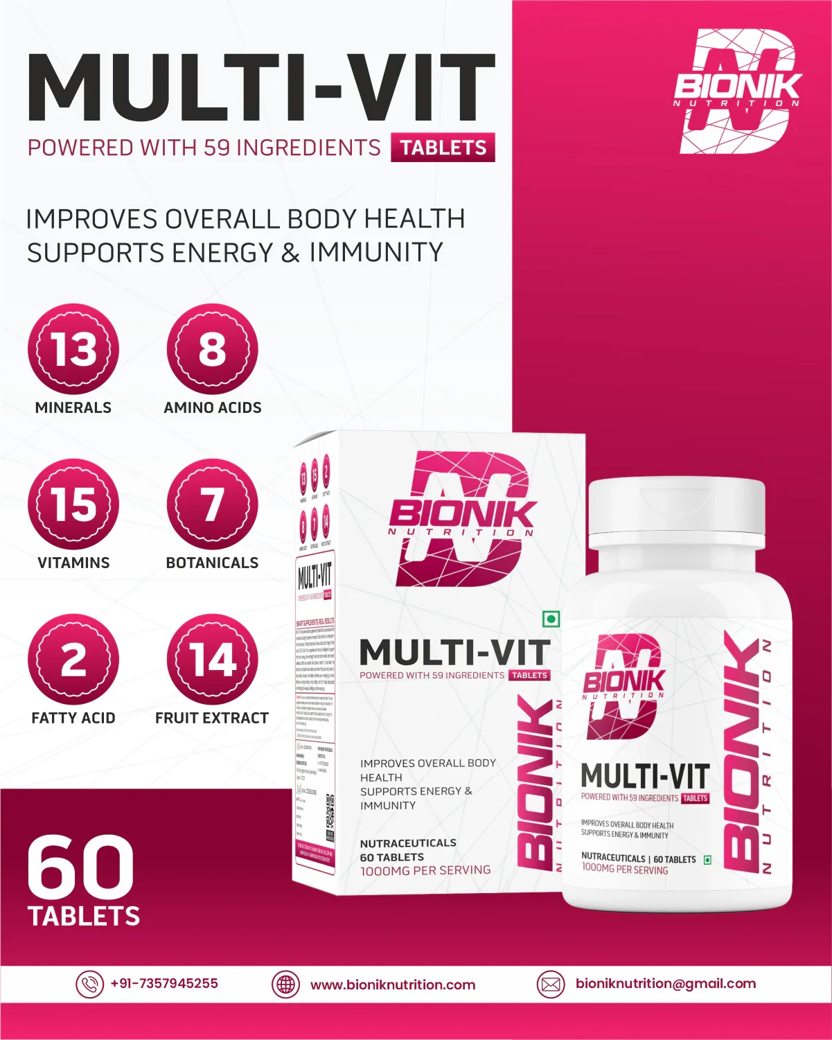 Bionik Nutrition Multi-Vit | Multivitamin for Men & Women | 59 Essential Nutrients | 60 Tablets | Immunity, Energy, and Daily Wellness Support - BIONIK NUTRITION