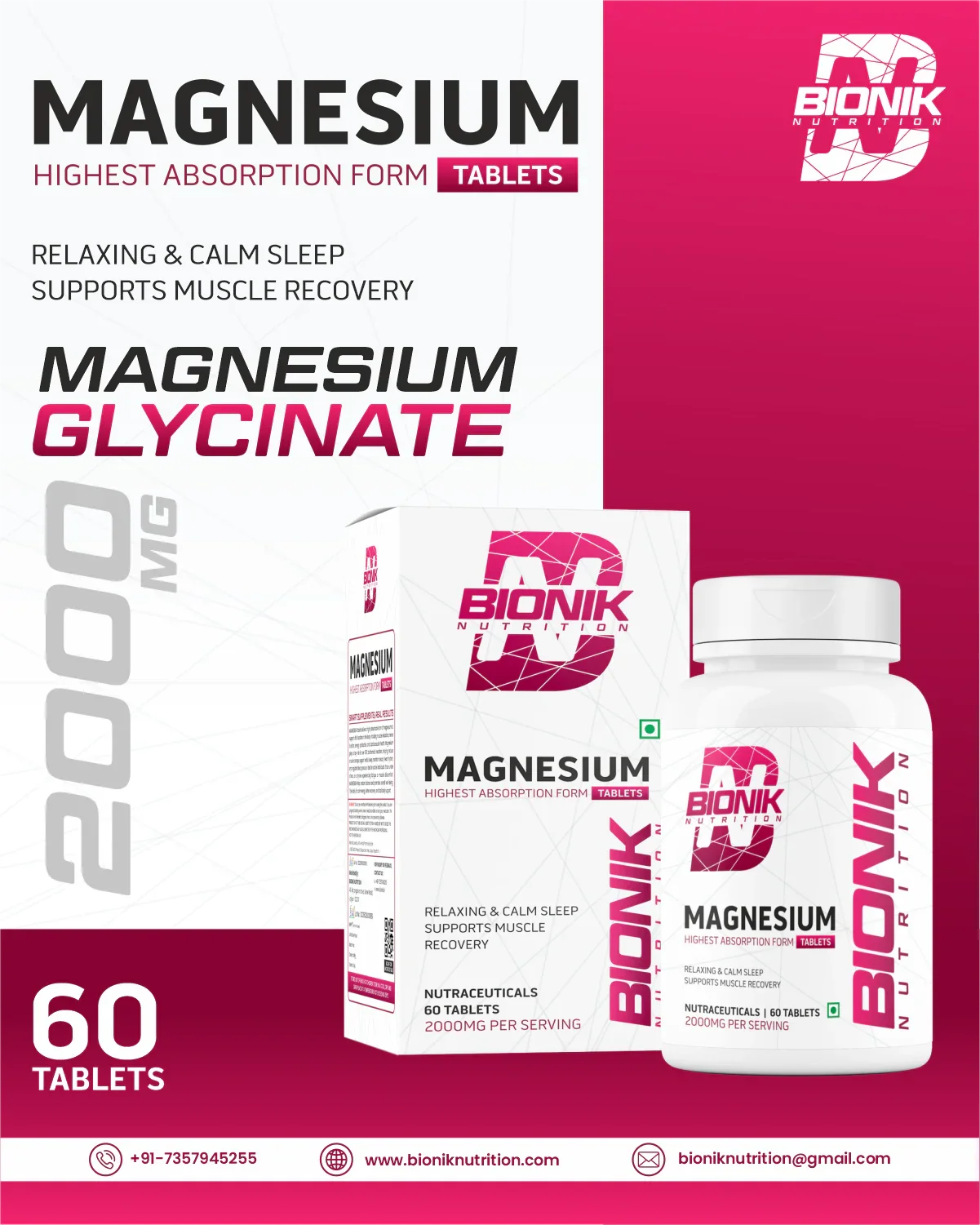 Bionik Nutrition Magnesium Tablets | 2000mg High Absorption Magnesium Glycinate | 60 Tablets | Sleep, Muscle Recovery & Stress Support - BIONIK NUTRITION