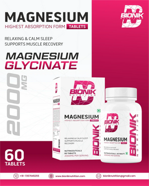 Bionik Nutrition Magnesium Tablets | 2000mg High Absorption Magnesium Glycinate | 60 Tablets | Sleep, Muscle Recovery & Stress Support - BIONIK NUTRITION