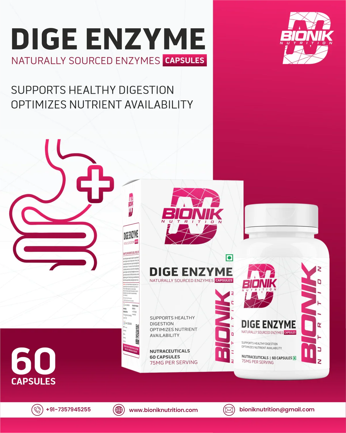 Bionik Nutrition Dige Enzyme | Advanced Digestive Enzyme Supplement for Nutrient Absorption | 60 Tablets - BIONIK NUTRITION