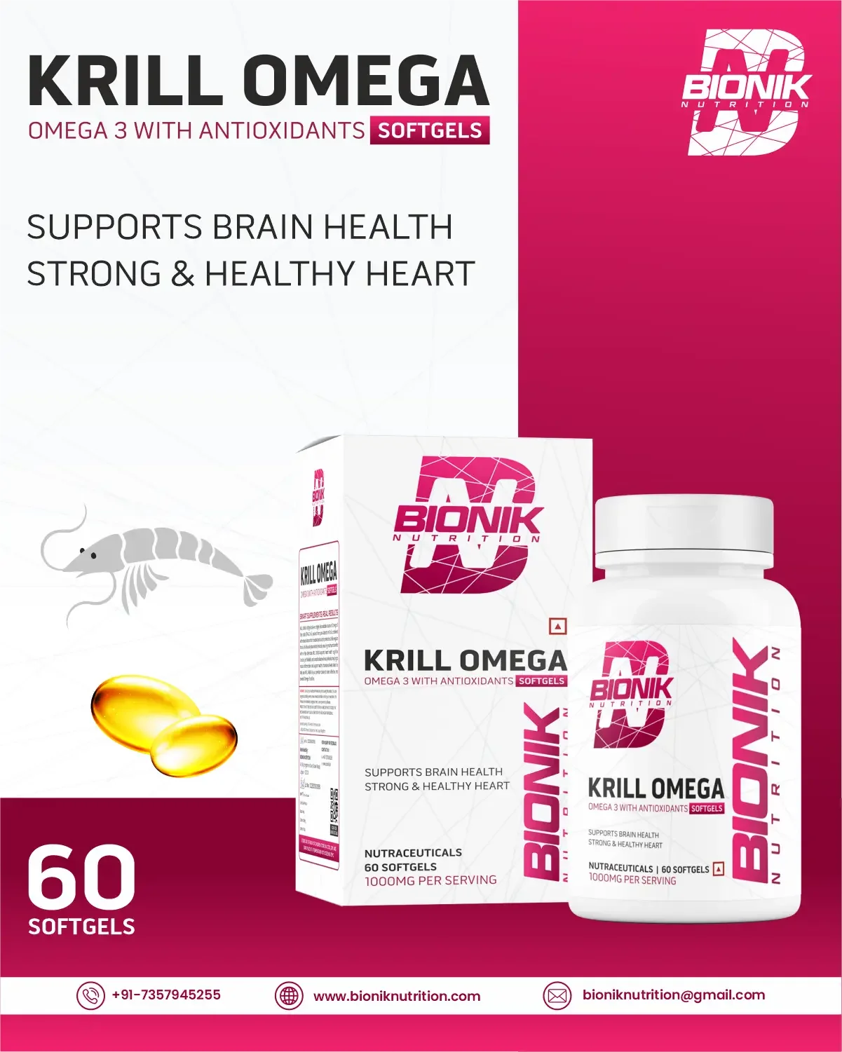 Bionik Nutrition Krill Omega | Antarctic Krill Oil with Astaxanthin | EPA & DHA for Heart, Brain & Joint Support | 60 Softgels - BIONIK NUTRITION