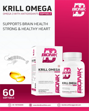 Bionik Nutrition Krill Omega | Antarctic Krill Oil with Astaxanthin | EPA & DHA for Heart, Brain & Joint Support | 60 Softgels - BIONIK NUTRITION