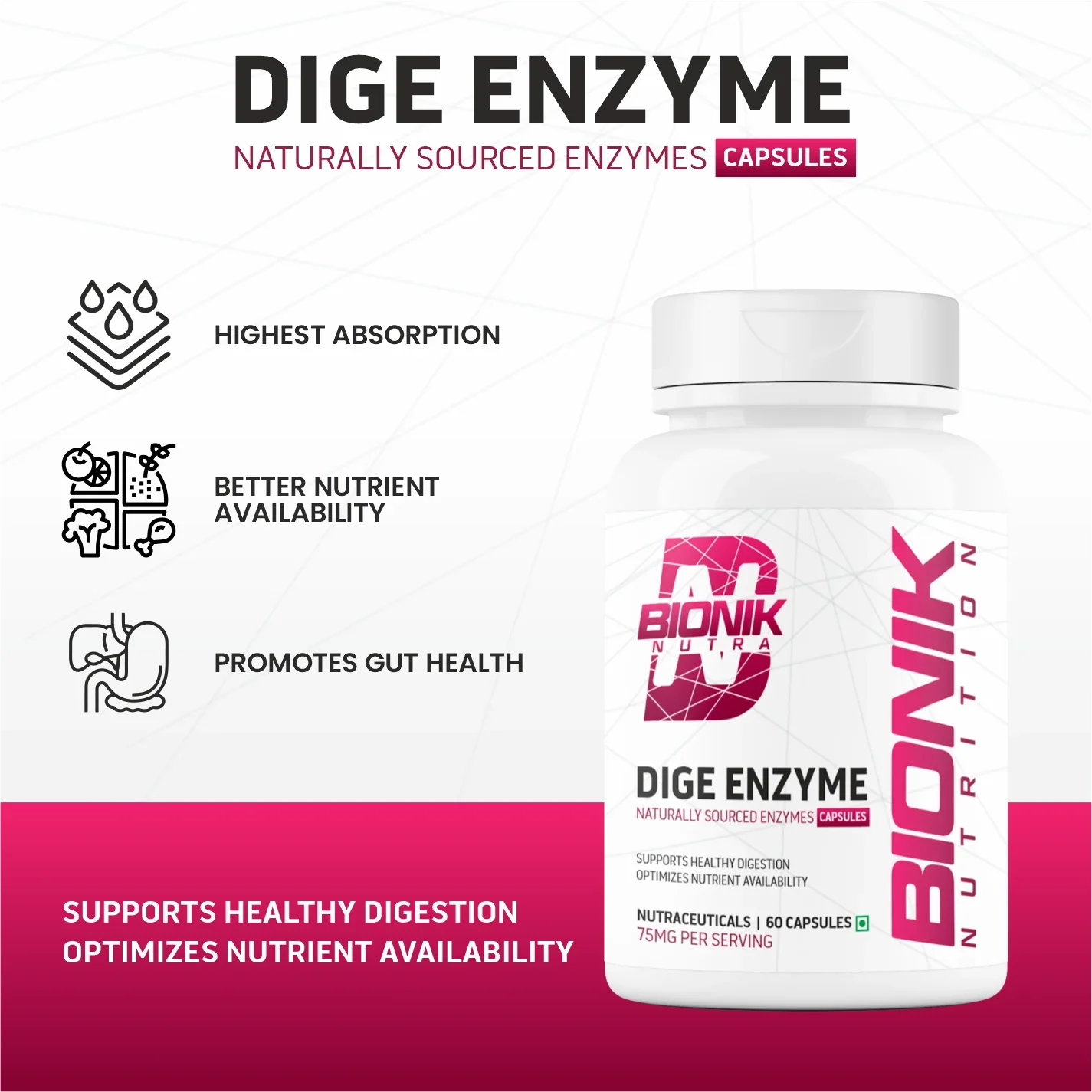 Bionik Nutrition Dige Enzyme | Advanced Digestive Enzyme Supplement for Nutrient Absorption | 60 Tablets - BIONIK NUTRITION