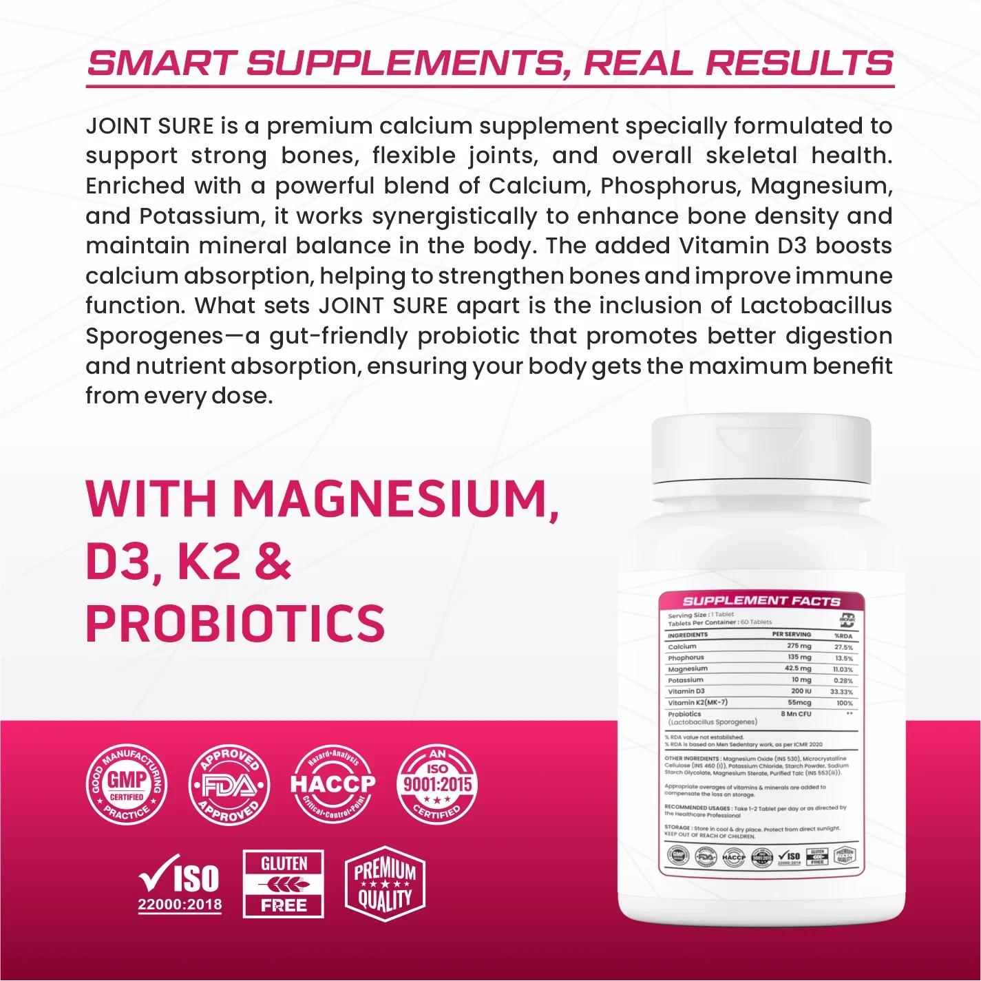 Bionik Nutrition Joint Sure | Bone & Joint Support Supplement with Calcium, D3, K2 & Probiotics | 60 Tablets - BIONIK NUTRITION