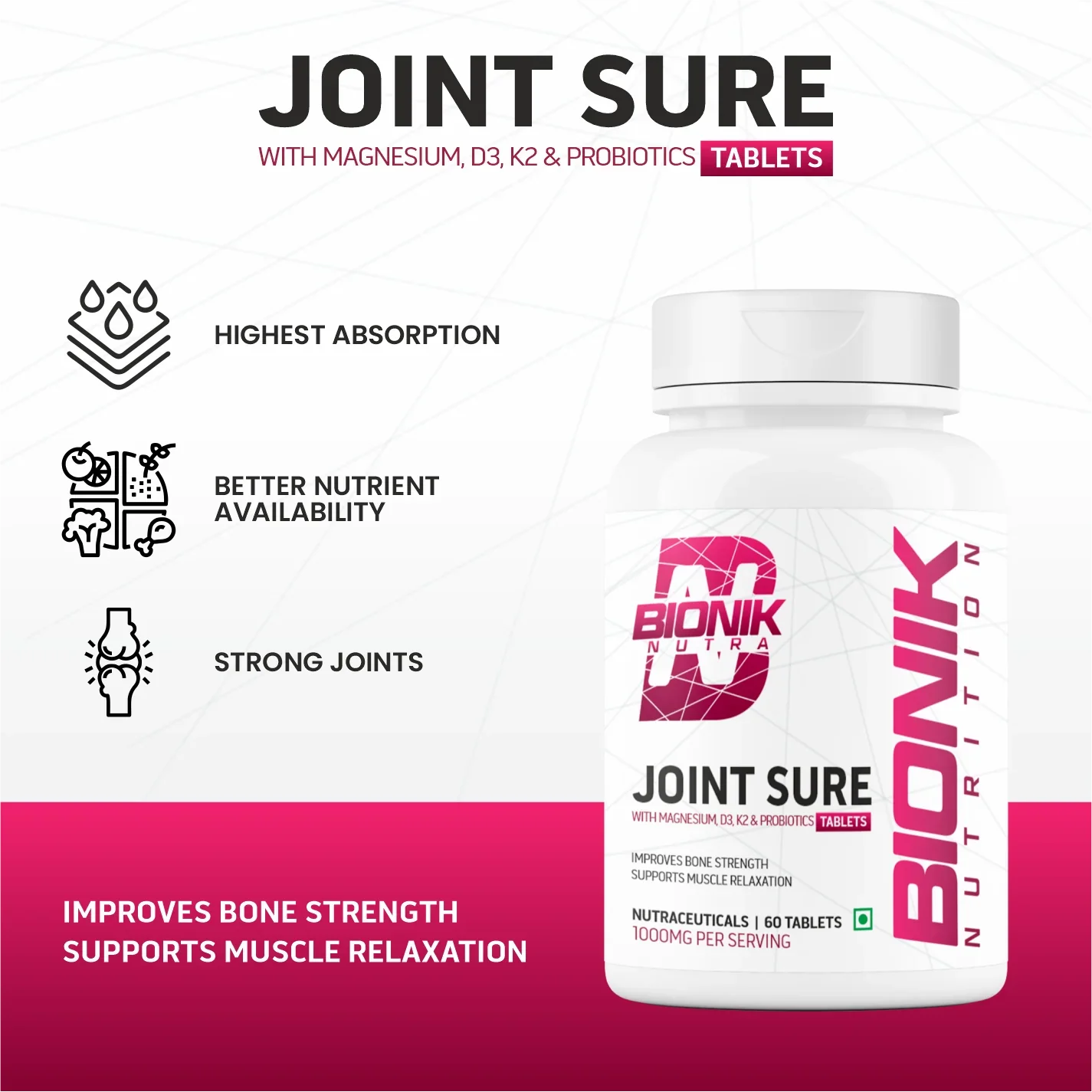 Bionik Nutrition Joint Sure | Bone & Joint Support Supplement with Calcium, D3, K2 & Probiotics | 60 Tablets - BIONIK NUTRITION
