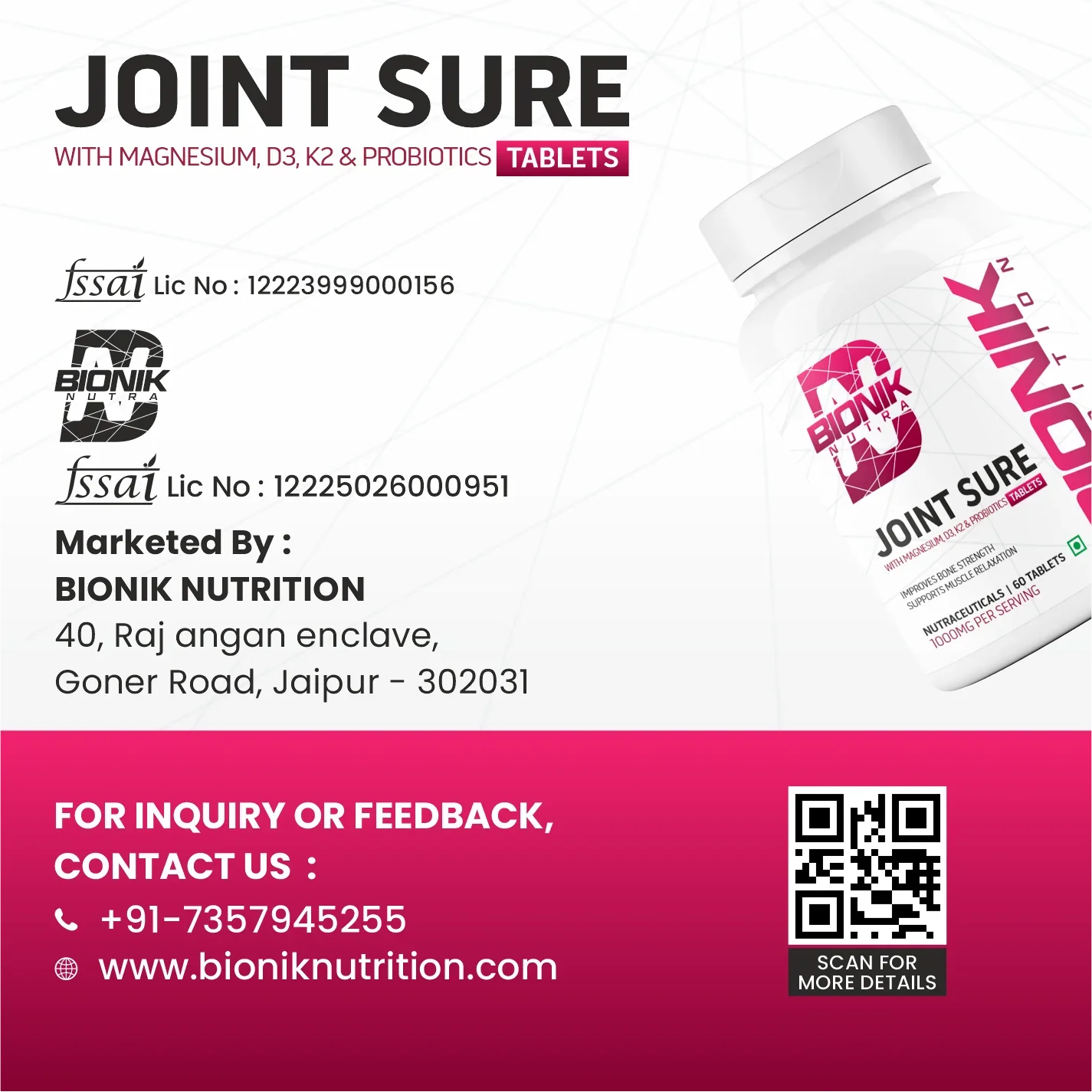 Bionik Nutrition Joint Sure | Bone & Joint Support Supplement with Calcium, D3, K2 & Probiotics | 60 Tablets - BIONIK NUTRITION