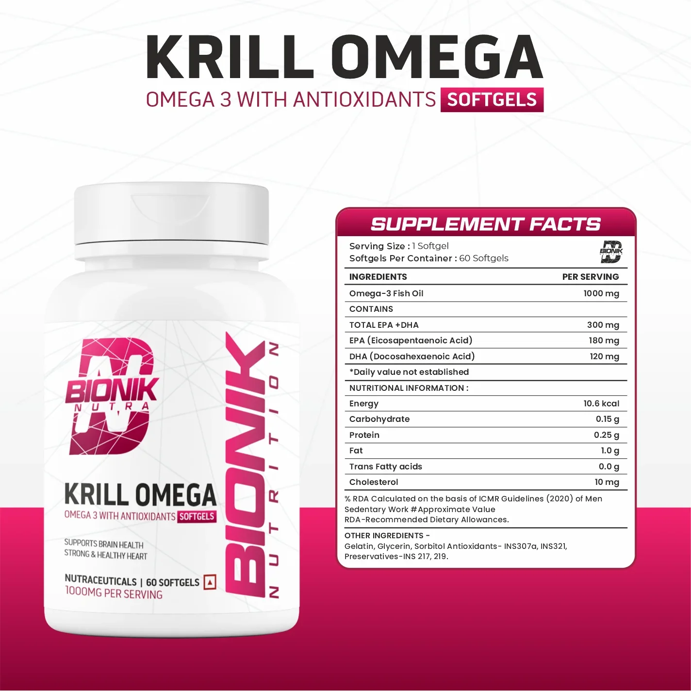 Bionik Nutrition Krill Omega | Antarctic Krill Oil with Astaxanthin | EPA & DHA for Heart, Brain & Joint Support | 60 Softgels - BIONIK NUTRITION