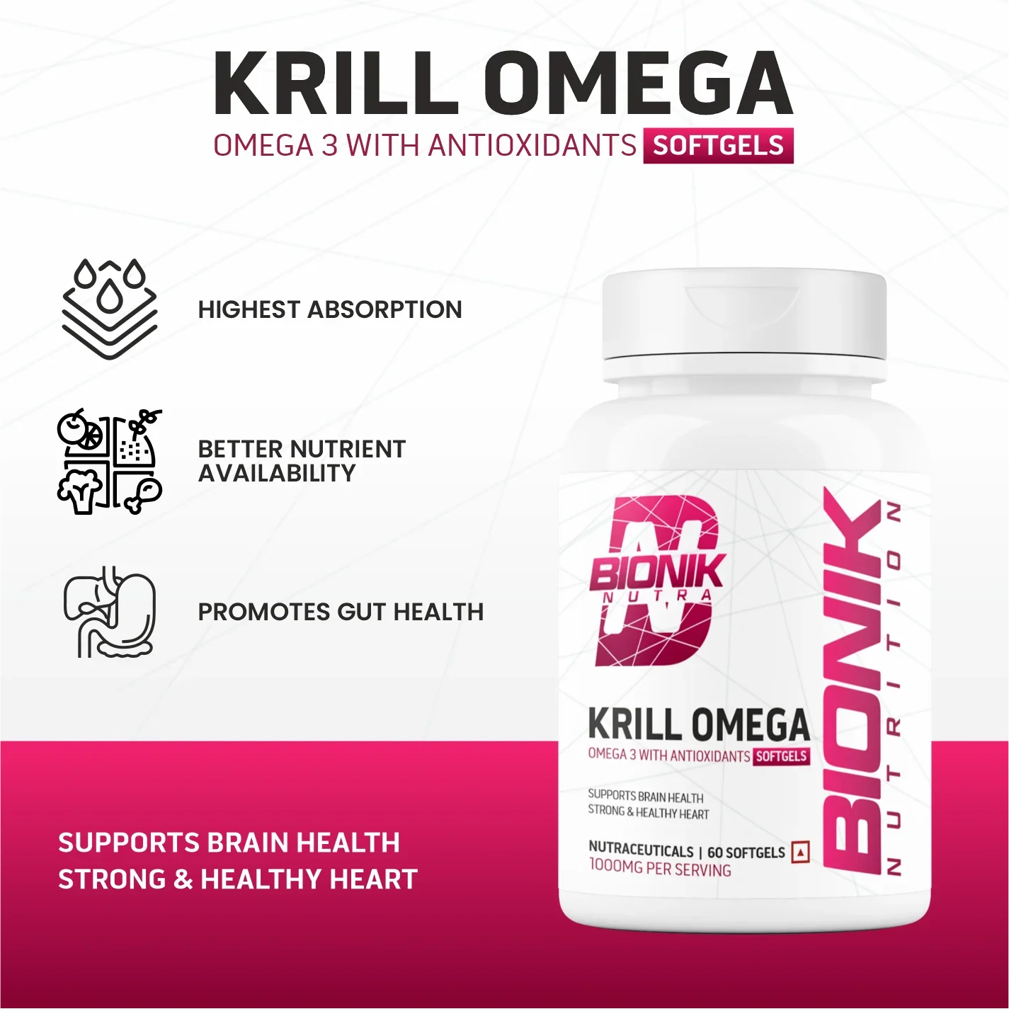 Bionik Nutrition Krill Omega | Antarctic Krill Oil with Astaxanthin | EPA & DHA for Heart, Brain & Joint Support | 60 Softgels - BIONIK NUTRITION
