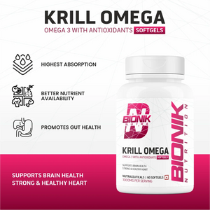 Bionik Nutrition Krill Omega | Antarctic Krill Oil with Astaxanthin | EPA & DHA for Heart, Brain & Joint Support | 60 Softgels - BIONIK NUTRITION
