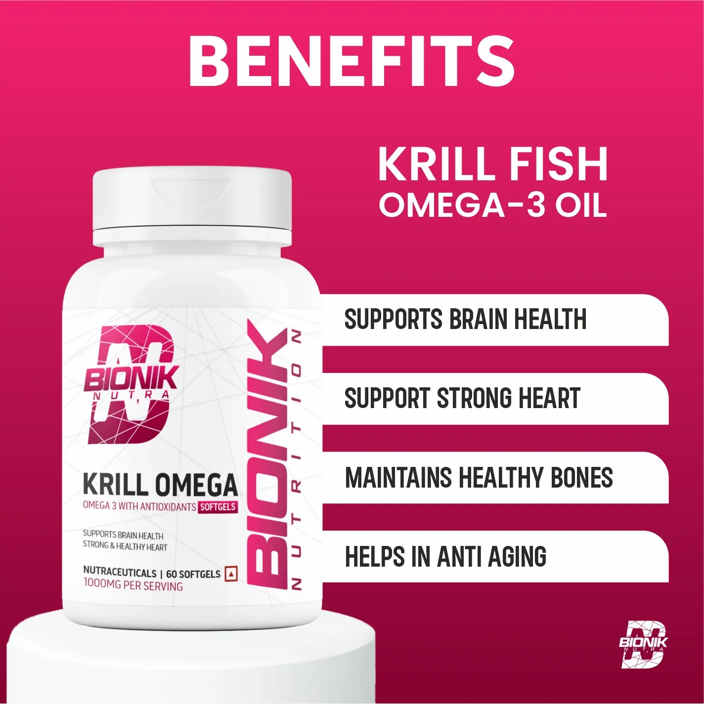 Bionik Nutrition Krill Omega | Antarctic Krill Oil with Astaxanthin | EPA & DHA for Heart, Brain & Joint Support | 60 Softgels - BIONIK NUTRITION