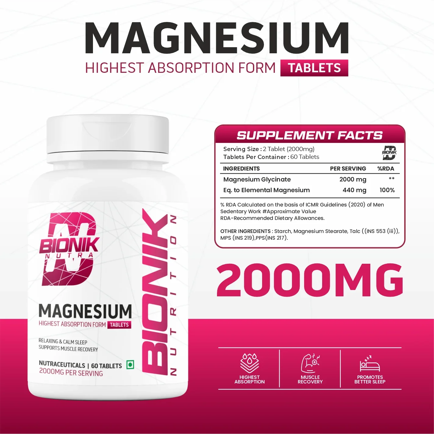 Bionik Nutrition Magnesium Tablets | 2000mg High Absorption Magnesium Glycinate | 60 Tablets | Sleep, Muscle Recovery & Stress Support - BIONIK NUTRITION