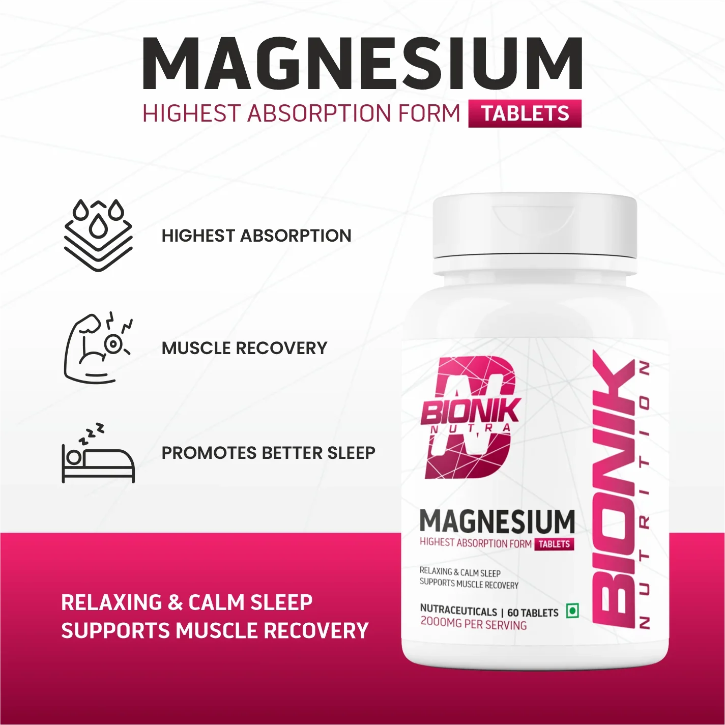 Bionik Nutrition Magnesium Tablets | 2000mg High Absorption Magnesium Glycinate | 60 Tablets | Sleep, Muscle Recovery & Stress Support - BIONIK NUTRITION