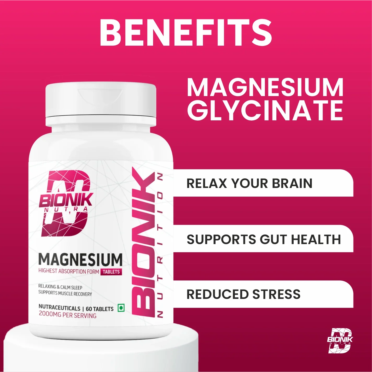 Bionik Nutrition Magnesium Tablets | 2000mg High Absorption Magnesium Glycinate | 60 Tablets | Sleep, Muscle Recovery & Stress Support - BIONIK NUTRITION