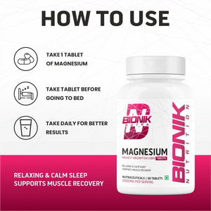 Bionik Nutrition Magnesium Tablets | 2000mg High Absorption Magnesium Glycinate | 60 Tablets | Sleep, Muscle Recovery & Stress Support - BIONIK NUTRITION