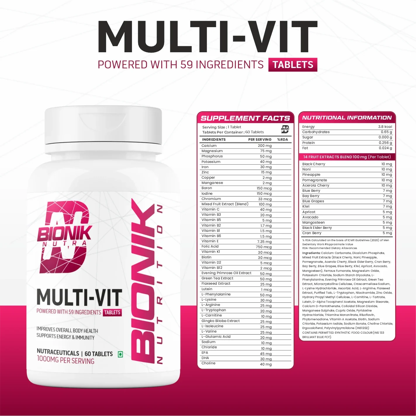 Bionik Nutrition Multi-Vit | Multivitamin for Men & Women | 59 Essential Nutrients | 60 Tablets | Immunity, Energy, and Daily Wellness Support - BIONIK NUTRITION