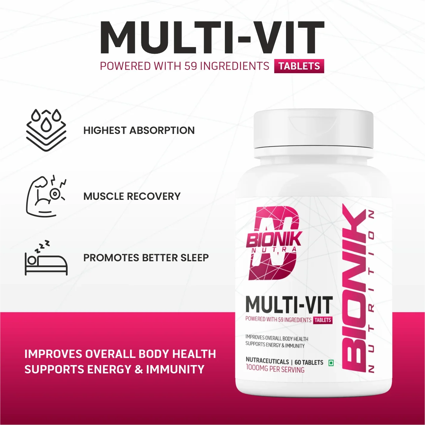 Bionik Nutrition Multi-Vit | Multivitamin for Men & Women | 59 Essential Nutrients | 60 Tablets | Immunity, Energy, and Daily Wellness Support - BIONIK NUTRITION