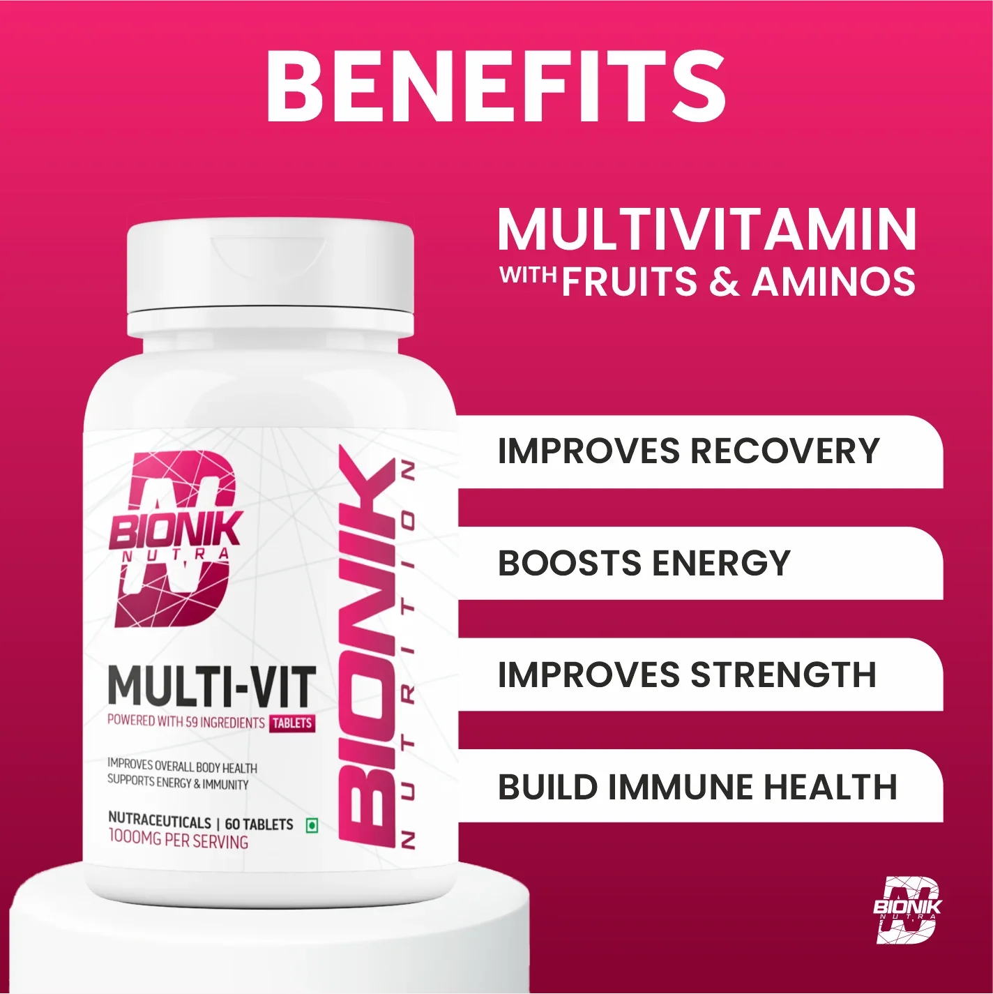 Bionik Nutrition Multi-Vit | Multivitamin for Men & Women | 59 Essential Nutrients | 60 Tablets | Immunity, Energy, and Daily Wellness Support - BIONIK NUTRITION