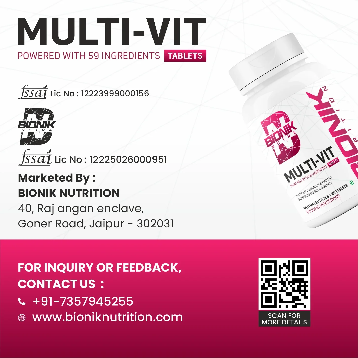 Bionik Nutrition Multi-Vit | Multivitamin for Men & Women | 59 Essential Nutrients | 60 Tablets | Immunity, Energy, and Daily Wellness Support - BIONIK NUTRITION