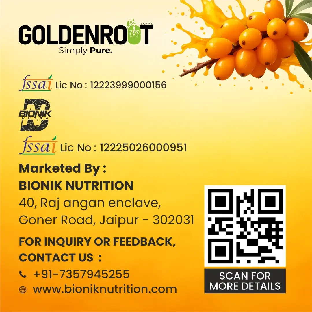 Goldenroot Himalayan Sea Buckthorn Juice | Rich in Omega 3, 6, 7 & 9 | 500ml | Immunity, Skin, Heart & Gut Health Support - BIONIK NUTRITION