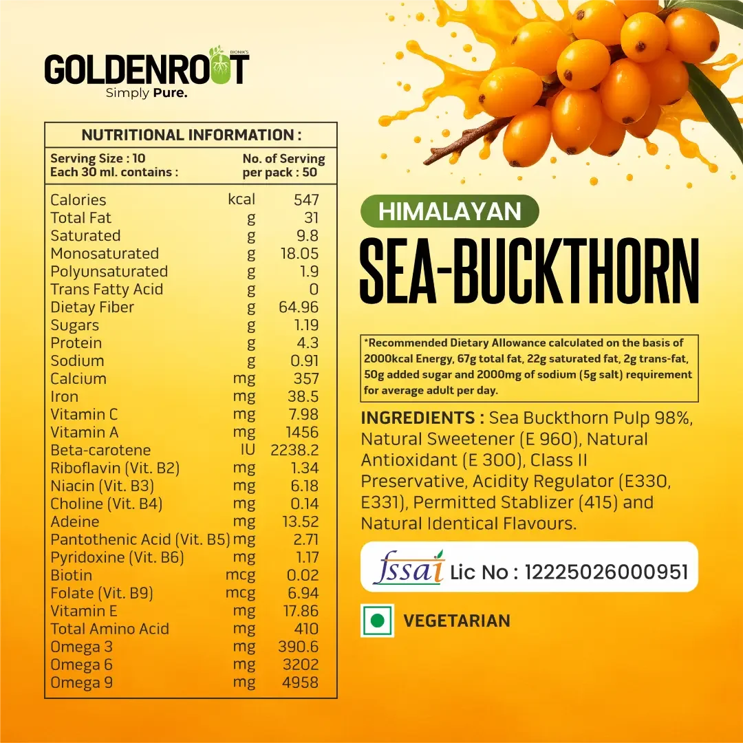 Goldenroot Himalayan Sea Buckthorn Juice | Rich in Omega 3, 6, 7 & 9 | 500ml | Immunity, Skin, Heart & Gut Health Support - BIONIK NUTRITION