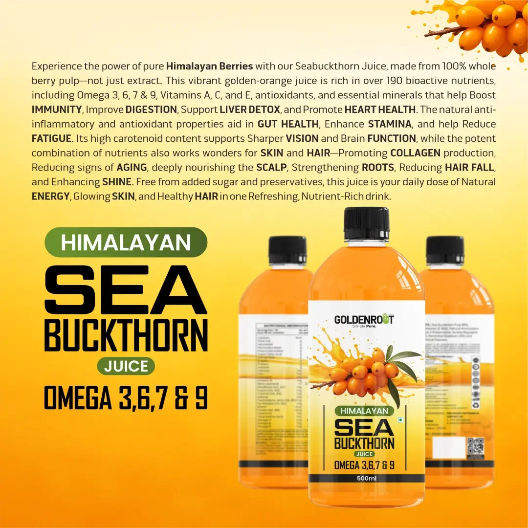 Goldenroot Himalayan Sea Buckthorn Juice | Rich in Omega 3, 6, 7 & 9 | 500ml | Immunity, Skin, Heart & Gut Health Support - BIONIK NUTRITION
