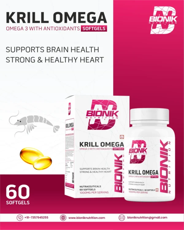 Bionik Nutrition Krill Omega | Antarctic Krill Oil with Astaxanthin | EPA & DHA for Heart, Brain & Joint Support | 60 Softgels - Image 5