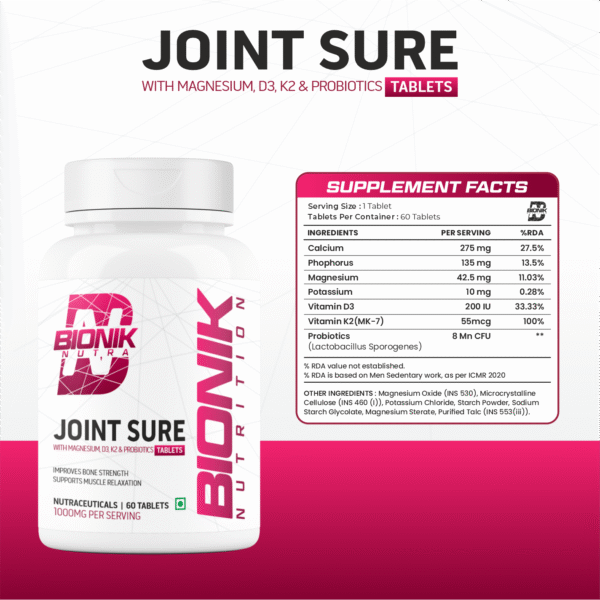 BiBonik Nutrition Joint Sure | Bone & Joint Support Supplement with Calcium, D3, K2 & Probiotics | 60 Tablets - Image 3