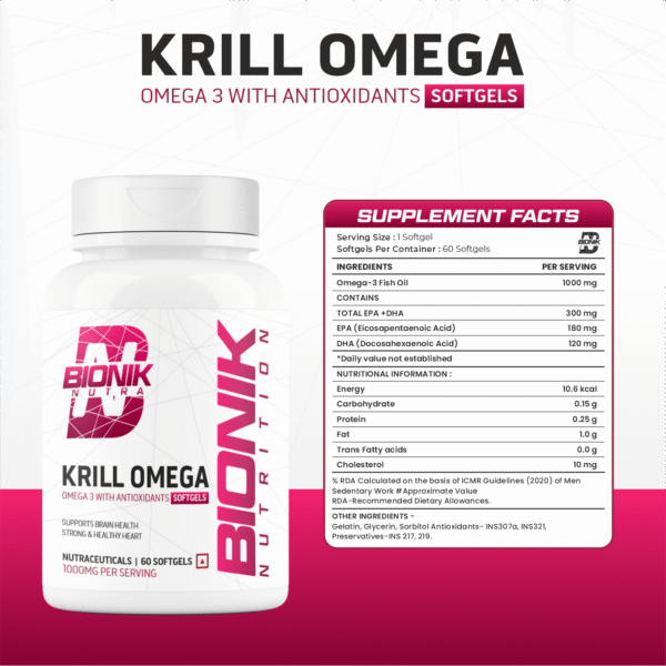 Bionik Nutrition Krill Omega | Antarctic Krill Oil with Astaxanthin | EPA & DHA for Heart, Brain & Joint Support | 60 Softgels - Image 3
