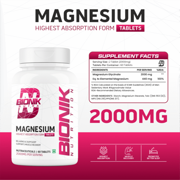 BIONIK Magnesium Tablets | 2000mg High Absorption Magnesium Glycinate | 60 Tablets | Sleep, Muscle Recovery & Stress Support - Image 4